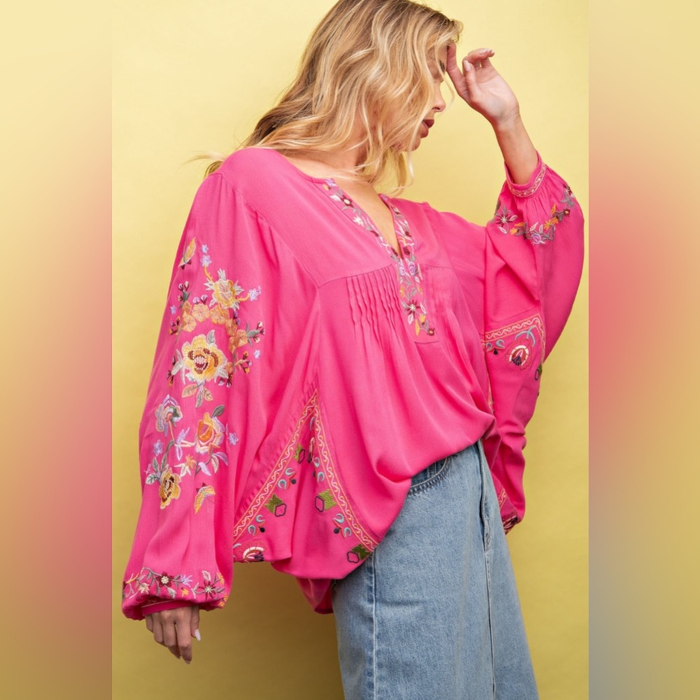 easel Hot Pink Embroidered Peasant Blouse